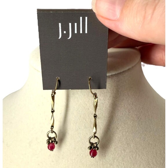 J. Jill Hook Earrings Twisted Gold Tone Red Beaded Cluster Drop Dangle Bohemian - Picture 2 of 9